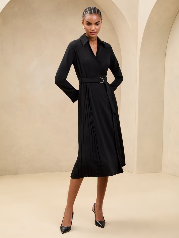 Lipsy Black Pleated Skirt Belted Midi Shirt Dress - Image 1 of 4