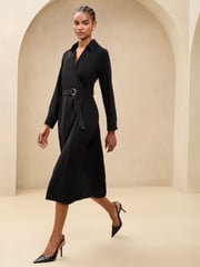 Lipsy Black Pleated Skirt Belted Midi Shirt Dress - Image 3 of 4