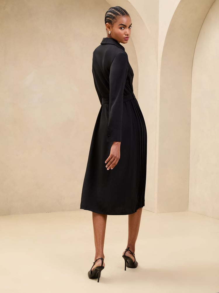 Lipsy Black Pleated Skirt Belted Midi Shirt Dress - Image 4 of 4