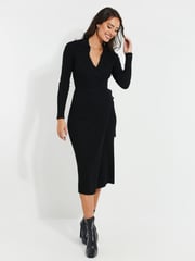 Threadbare Black Ribbed Wrap Dress - Image 1 of 4