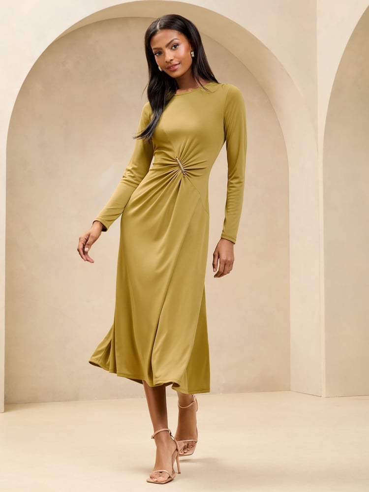 Lipsy Olive Green Ruched Fit and Flare Midi Dress with Gold Trim Detail - Image 1 of 5