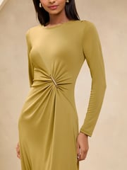 Lipsy Olive Green Ruched Fit and Flare Midi Dress with Gold Trim Detail - Image 2 of 5