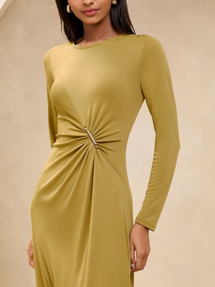 Lipsy Olive Green Ruched Fit and Flare Midi Dress with Gold Trim Detail - Image 2 of 5