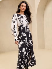 Lipsy Black Petite Long Sleeve Split Detail Midi Dress - Image 1 of 4
