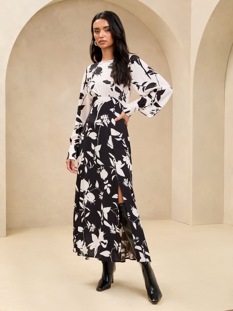 Lipsy Black Petite Long Sleeve Split Detail Midi Dress - Image 2 of 4 Lipsy Black Petite Long Sleeve Split Detail Midi Dress - Image 2 of 4