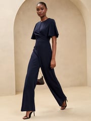 Navy Petite Cross Front Flutter Sleeve Jumpsuit - Image 3 of 4
