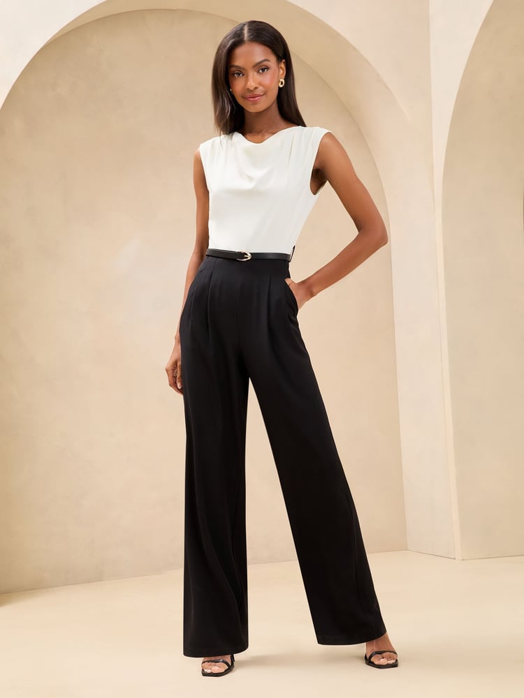 Lipsy White Petite 2 in 1 Cowl Neck Belted Jumpsuit - Image 1 of 4