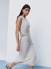 Stone Ruched Drape Gold Hardware Midi Dress - Image 1 of 7