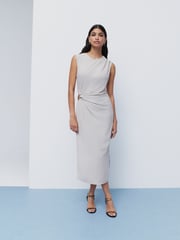 Stone Ruched Drape Gold Hardware Midi Dress - Image 2 of 7