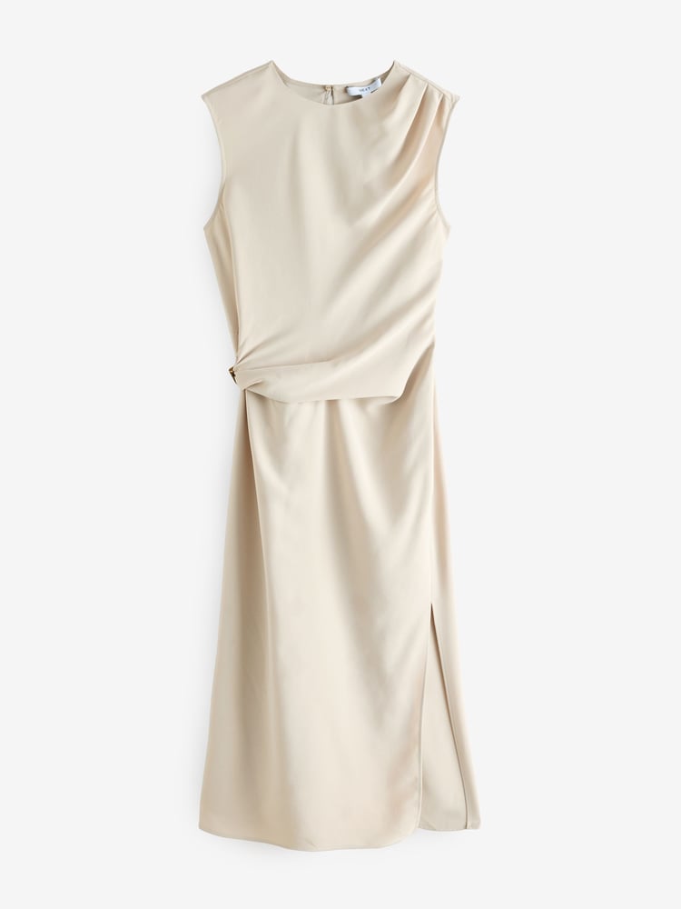 Stone Ruched Drape Gold Hardware Midi Dress - Image 7 of 7
