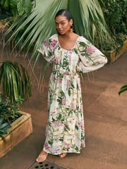 Kew Collection Cream And Green/Pink Floral Long Sleeve Pleated Maxi Dress - Image 1 of 7
