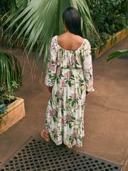Kew Collection Cream And Green/Pink Floral Long Sleeve Pleated Maxi Dress - Image 2 of 7