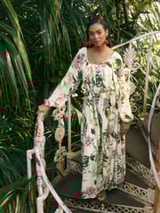 Kew Collection Cream And Green/Pink Floral Long Sleeve Pleated Maxi Dress - Image 3 of 7