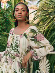 Kew Collection Cream And Green/Pink Floral Long Sleeve Pleated Maxi Dress - Image 4 of 7