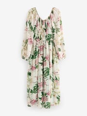 Kew Collection Cream And Green/Pink Floral Long Sleeve Pleated Maxi Dress - Image 5 of 7