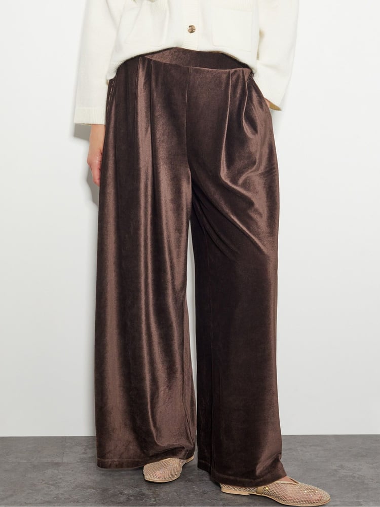 Monsoon Brown Shay Rib Velour Wide Leg Trousers - Image 2 of 4
