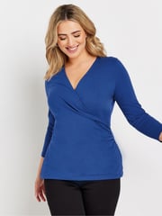 M&Co Blue 3/4 Sleeve Wrap Top - Image 1 of 5