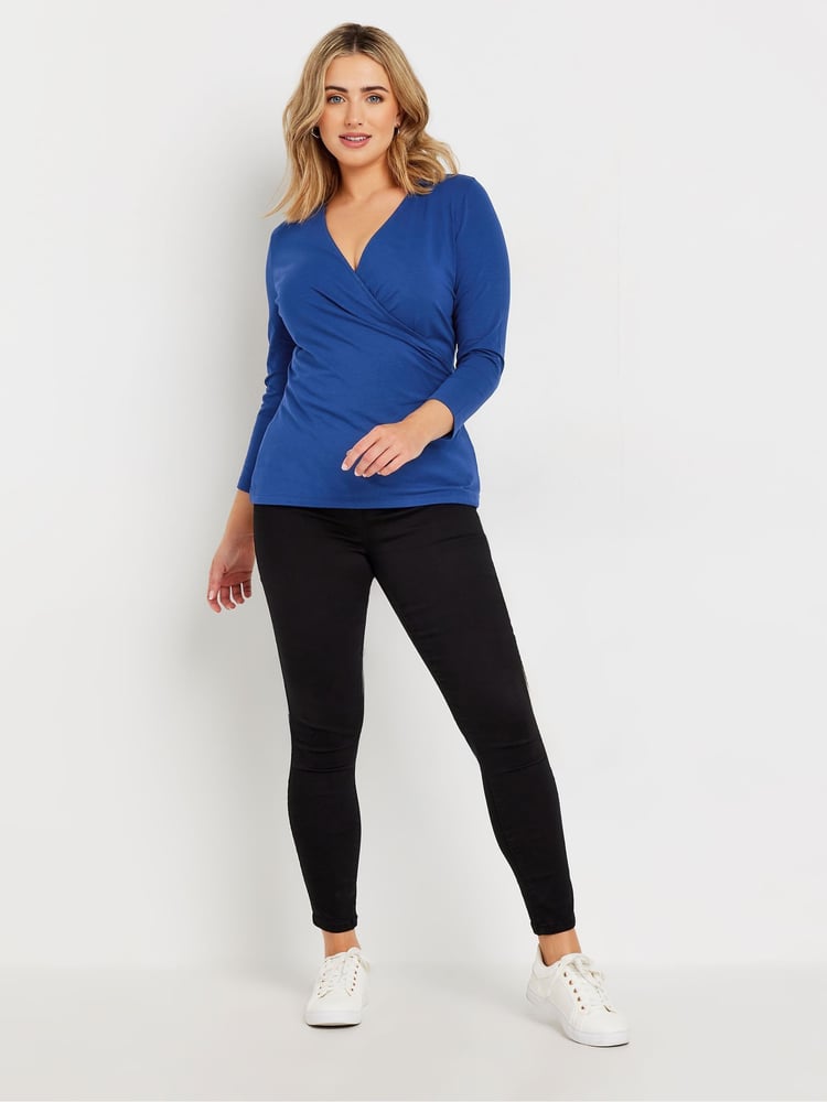 M&Co Blue 3/4 Sleeve Wrap Top - Image 2 of 5