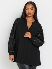 Yours Curve Black Sequin Sleeve Notchneck Blouse - Image 1 of 5
