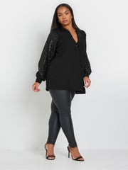 Yours Curve Black Sequin Sleeve Notchneck Blouse - Image 2 of 5