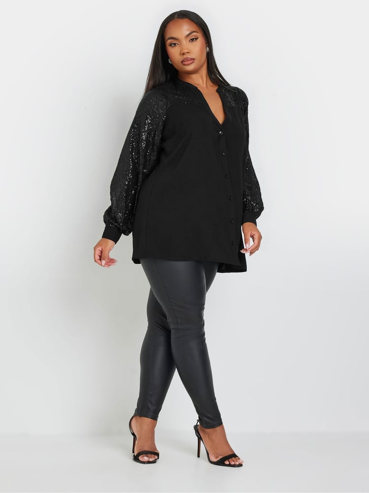 Yours Curve Black Sequin Sleeve Notchneck Blouse - Image 2 of 5