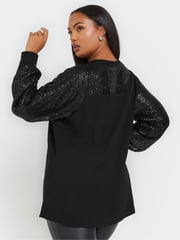 Yours Curve Black Sequin Sleeve Notchneck Blouse - Image 3 of 5