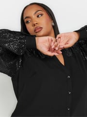 Yours Curve Black Sequin Sleeve Notchneck Blouse - Image 4 of 5