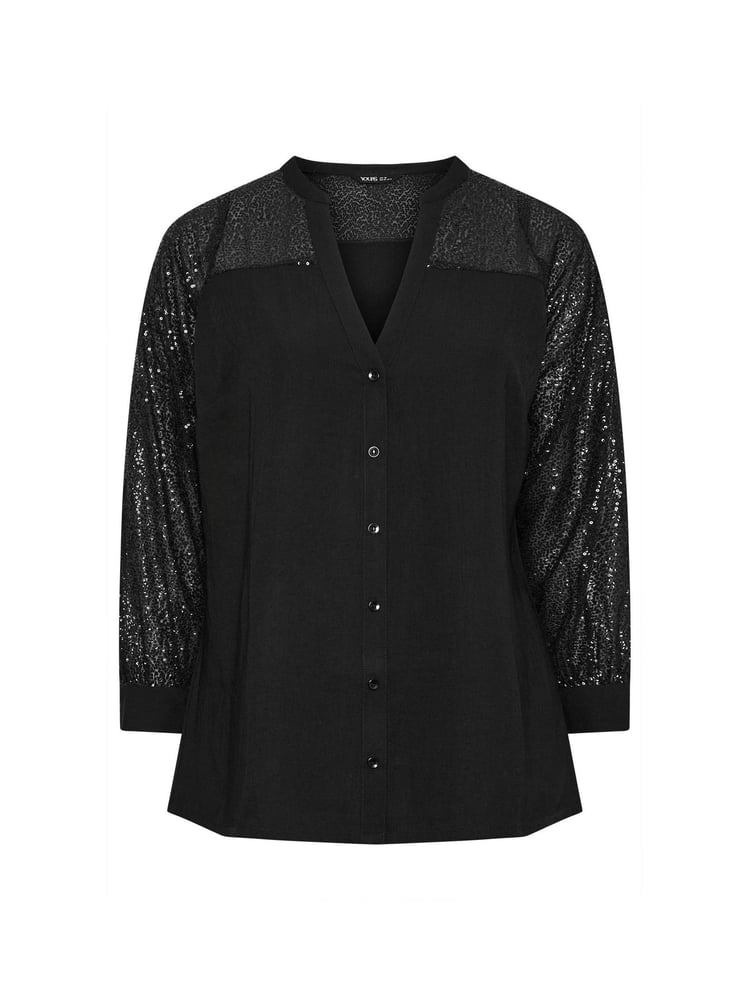 Yours Curve Black Sequin Sleeve Notchneck Blouse - Image 5 of 5