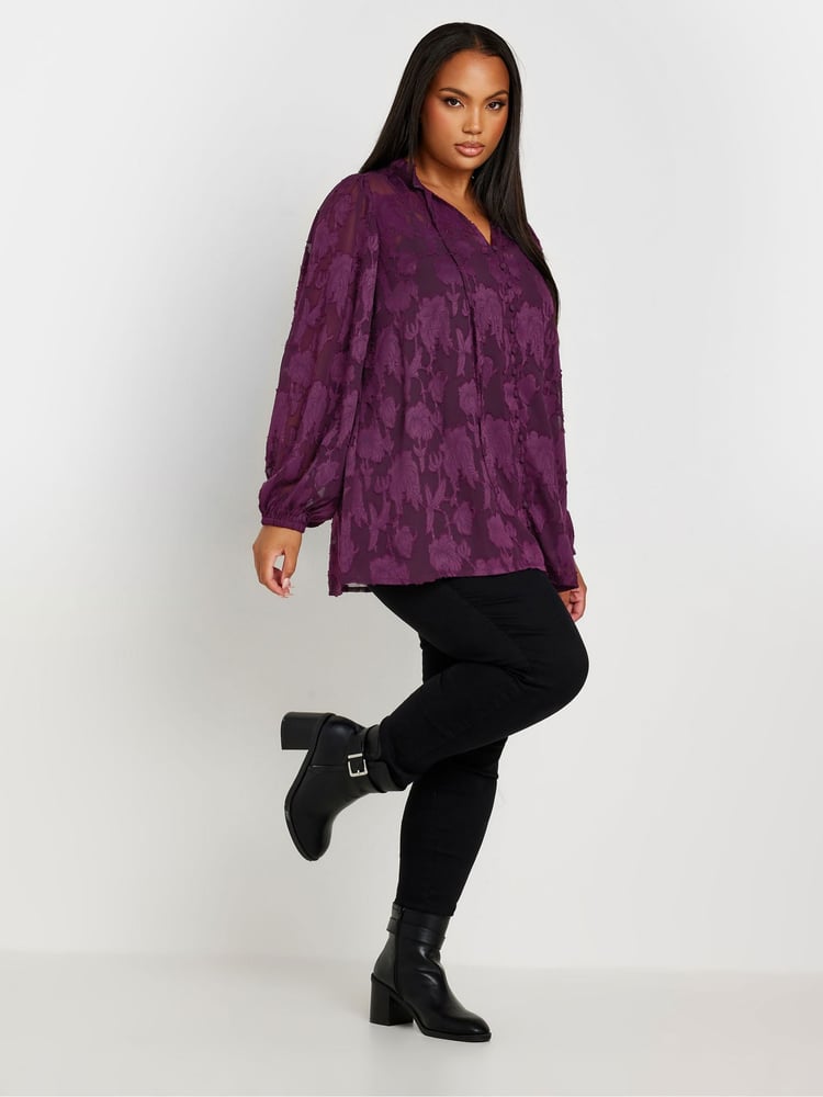 Yours Curve Purple Jewel Tie Neck Blouse - Image 2 of 5