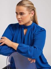 Yours Curve Blue London Long Sleeve Keyhole Blouse - Image 1 of 6