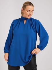 Yours Curve Blue London Long Sleeve Keyhole Blouse - Image 2 of 6
