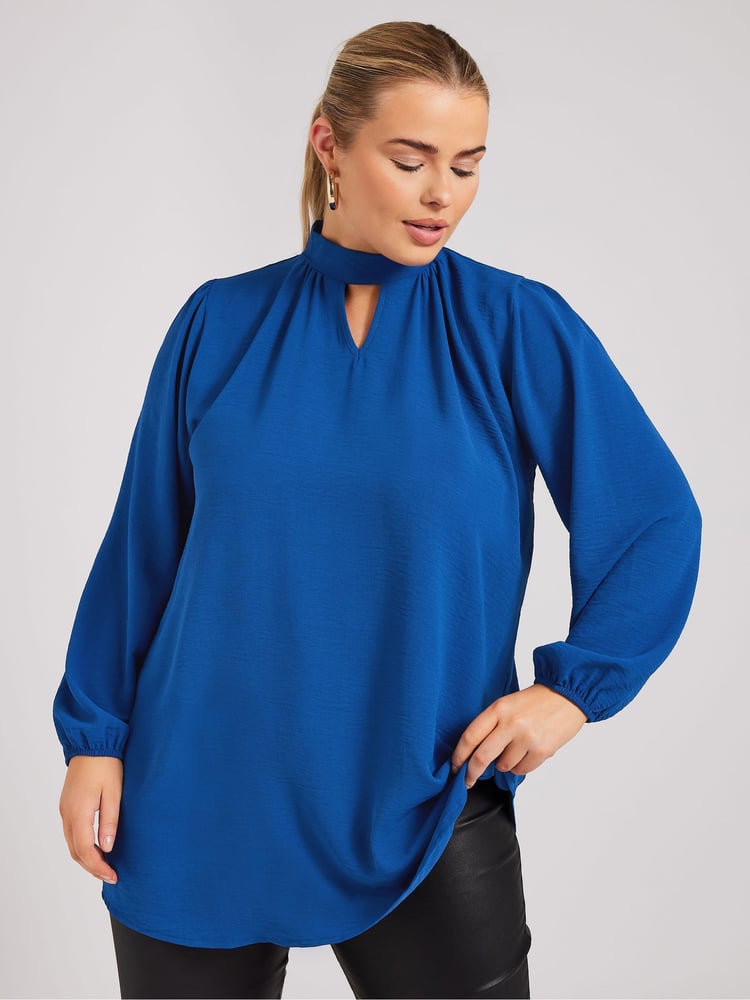 Yours Curve Blue London Long Sleeve Keyhole Blouse - Image 2 of 6