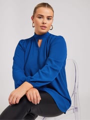 Yours Curve Blue London Long Sleeve Keyhole Blouse - Image 5 of 6