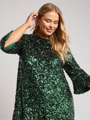 Yours Curve Green London Sequin Flute Sleeve Top - Image 1 of 5