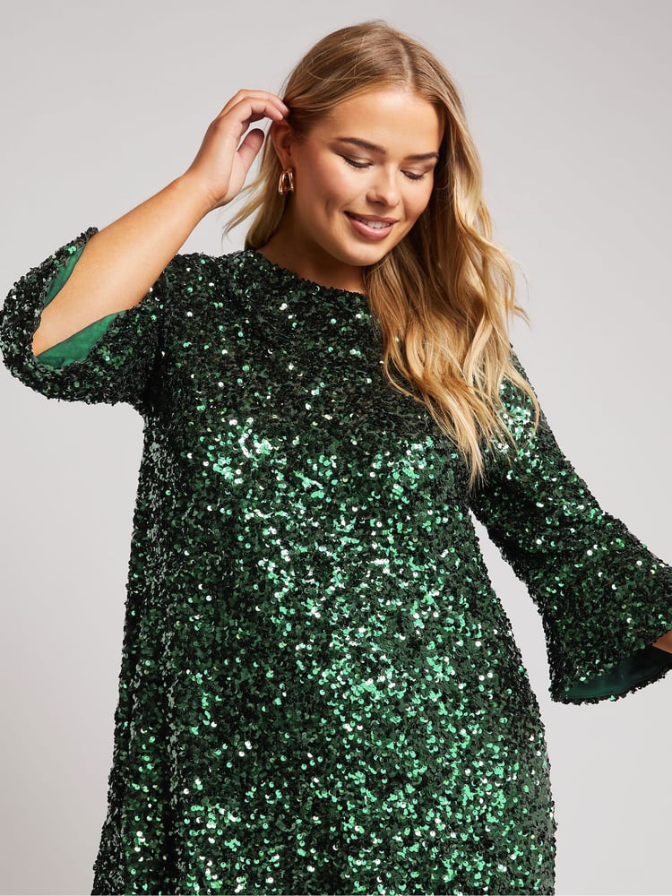 Yours Curve Green London Sequin Flute Sleeve Top - Image 1 of 5