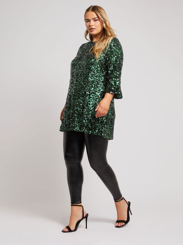 Yours Curve Green London Sequin Flute Sleeve Top - Image 2 of 5
