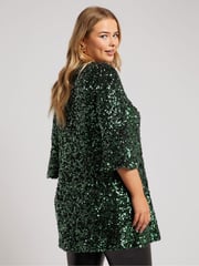 Yours Curve Green London Sequin Flute Sleeve Top - Image 3 of 5
