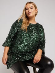 Yours Curve Green London Sequin Flute Sleeve Top - Image 4 of 5