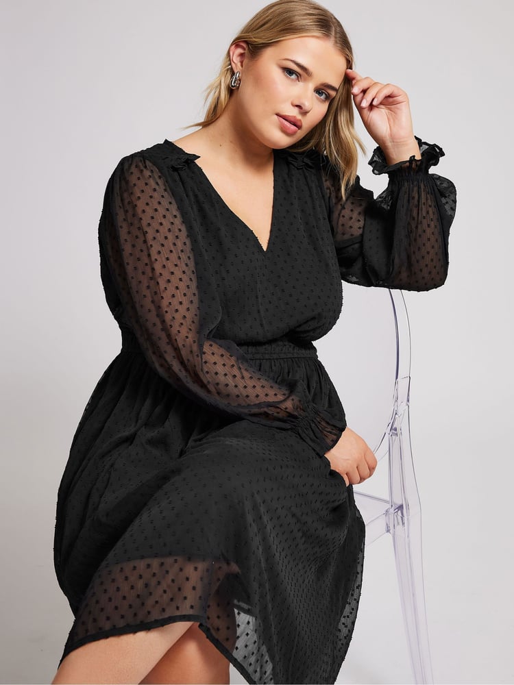 Yours Curve Black London Dobby Shirred Waist Dress - Image 1 of 5