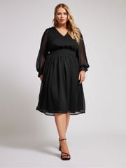 Yours Curve Black London Dobby Shirred Waist Dress - Image 3 of 5