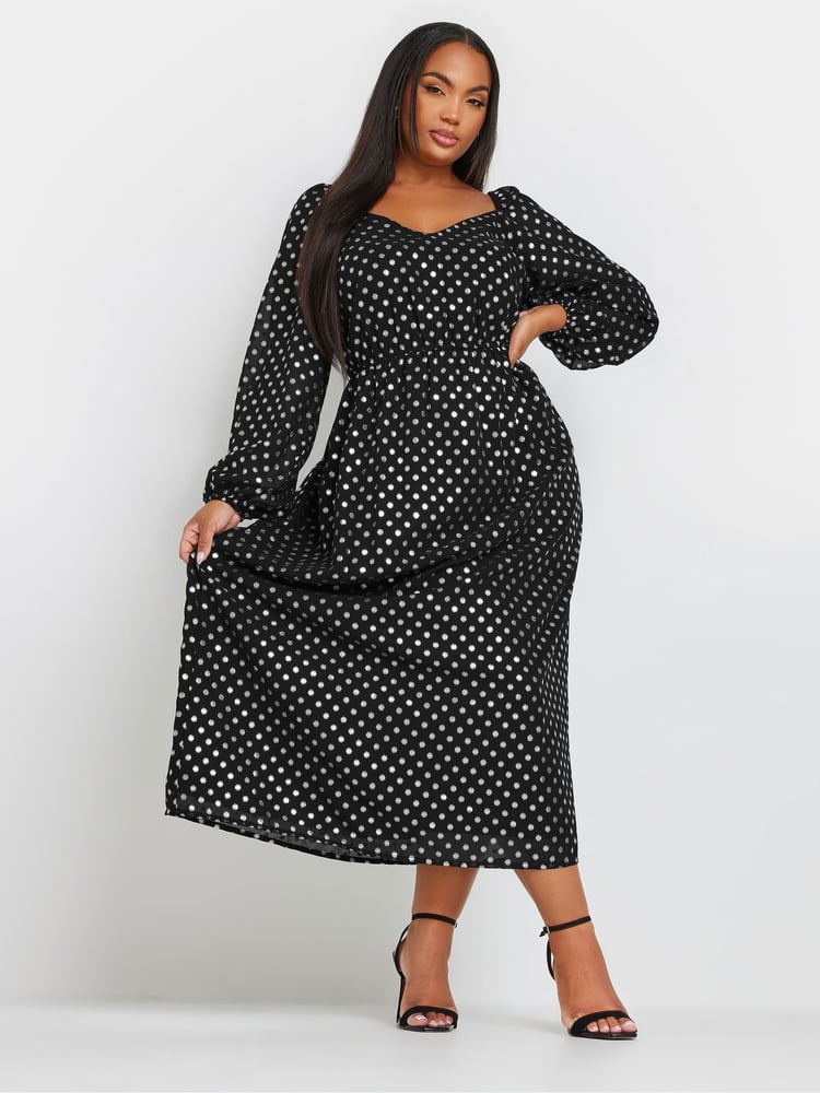Yours Curve Black/Silver Spot Chiffon Foil Maxi Dress - Image 1 of 5