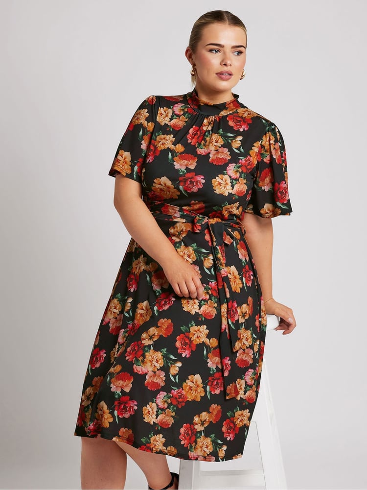 Yours Curve Black London High Neck Belted Skater Dress - Image 1 of 5