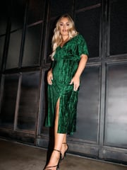 Yours Curve Green London Crushed Velvet Wrap Dress - Image 3 of 6
