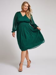 Yours Curve Green London Dobby Shirred Waist Dress - Image 1 of 5
