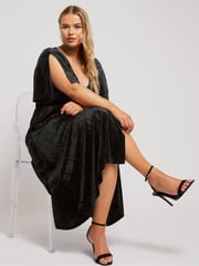 Yours Curve Black London Crushed Velvet Wrap Dress - Image 1 of 5