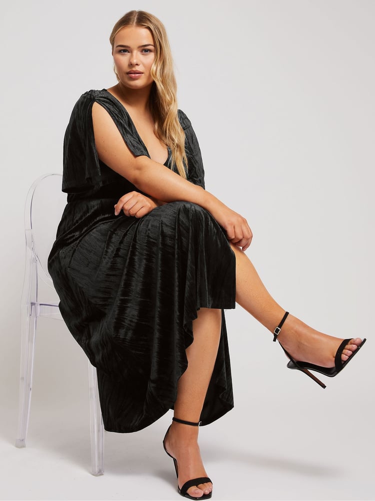 Yours Curve Black London Crushed Velvet Wrap Dress - Image 1 of 5