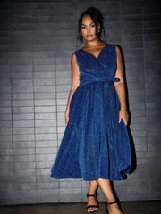 Yours Curve Blue London Metallic Wrap Skater Dress - Image 1 of 6