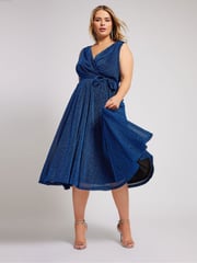 Yours Curve Blue London Metallic Wrap Skater Dress - Image 2 of 6