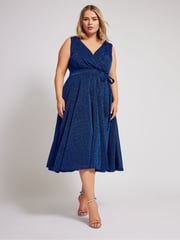 Yours Curve Blue London Metallic Wrap Skater Dress - Image 3 of 6