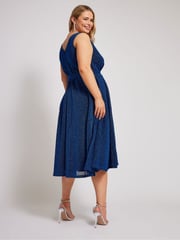 Yours Curve Blue London Metallic Wrap Skater Dress - Image 4 of 6